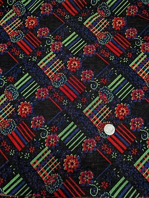 Vintage 70s 80s Double Knit Fabric 2 Yards X 71  Blue Red Lime Plaid Floral • $11.95