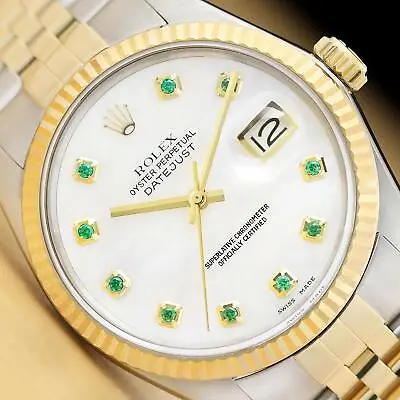 Rolex Mens Datejust 16013 Mother Of Pearl Tsavorite 18k Yellow Gold Steel Watch • $6399