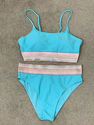 Tiffany Blue Bikini Swimsuit Womens Size XL Colorful Contrast Banding Silky Soft • $21.94