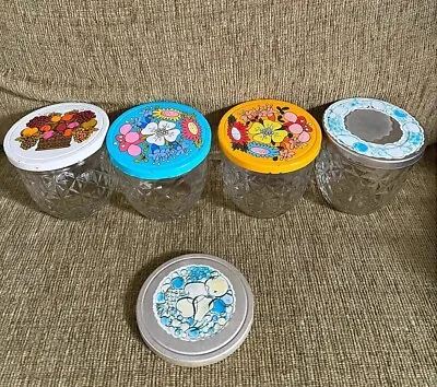 Vintage BALL Quilted Crystal Jelly Glasses JARS W/ Printed Floral Lids LOT/4 • $30