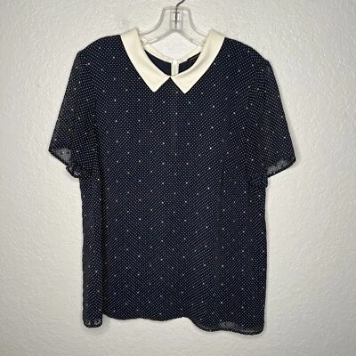 $19.99 • Buy Ann Taylor Large Top Blouse Navy Blue Polka Dot Peter Pan Collar Swiss Dot