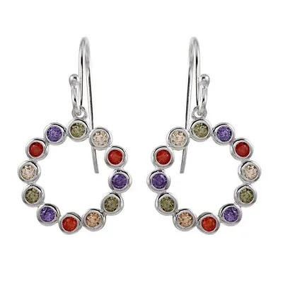 Multi Color Sapphire Bezel Circle Dangle Earrings In Solid Sterling Sterling • $47.95