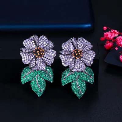 Black Gold Plated Micro Pave Purple CZ Green Leaf Flower Dangle Drop Earrings  • $18.55