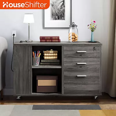 3 Drawer Filing Cabinet 40  Lateral Wood File Organizer Wheels With Charging Hub • $74.24