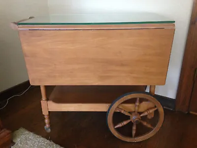 Antique Drop Leaf Tea Cart  - Wooden Wagon Wheel Butler's Cart - Bar Cart • $450