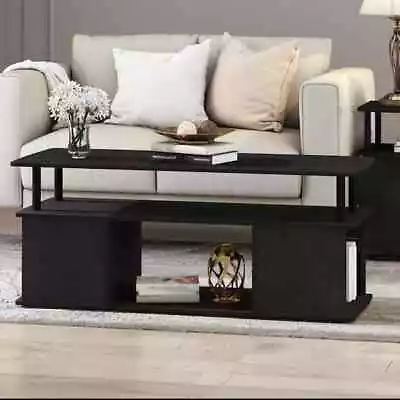 Furinno Coffee Table Black Wood Built-In Storage Space Rectangle Shape 4-Shelves • $74.88