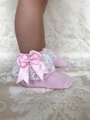 PERFECT PRINCESS Spanish Lacey Double Bow Ankle Socks Baby/Girl/Flower Girl/Lace • £6.95