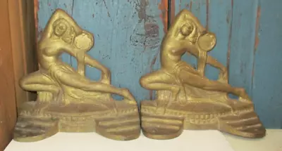 Pair Antique Art Deco Brass Egyptian Nude Lady Dancer With Tambourine Bookends • $39.99