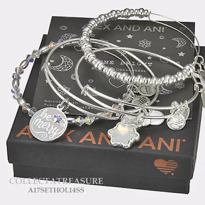 $157.33 • Buy Authentic Alex And Ani Be Merry Set Of 4 Shiny Silver Charm Bangle 