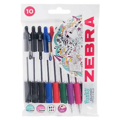 Zebra Z-Grip Funky Assorted Colour Ballpoint Pens Pack Of 10 • £4.19