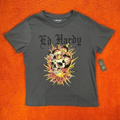 ED HARDY Designs T-Shirt Mens LARGE Graphic Tattoo Black Exploding Skull Y2K • $34.95