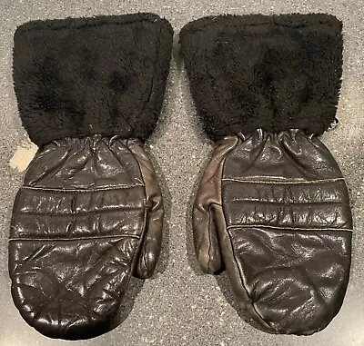 Vintage Steerhide Black Leather Long Mittens M Faux Fur Winter Snowmobile • $17.99