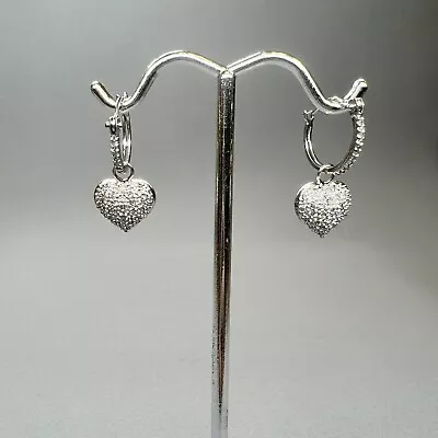 VINTAGE Preloved 14K White Gold & Diamonds Paveed Drop Heart Earrings  • $99