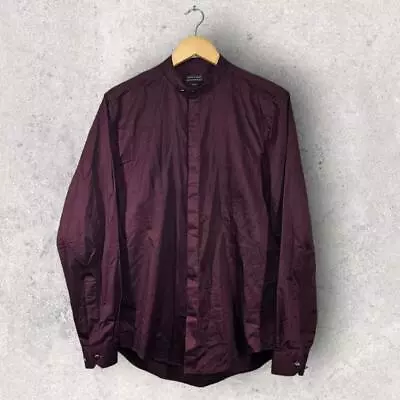 Zara Man Burgundy Slim Fit Collarless Long Sleeve Shirt L • $12.37