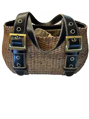 Michael Kors Woven Hard Straw Handbag Black Leather Trim Purse • $62.97