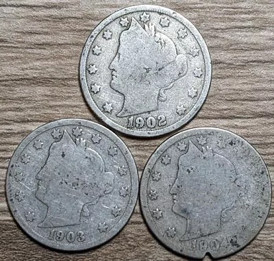 1902 1903 & 1904 Liberty Head V Nickels (3 Coins) • $0.99