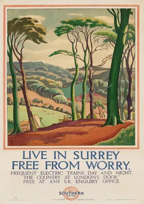 Southern Electric Live In Surrey Free From Worry Vintage Railway Poster  Print • £5.99