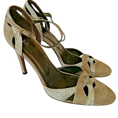 Light Brown Strappy Stiletto Heels UK 7 Euro 41 Closed Toe Suede Leather Shoes • £14