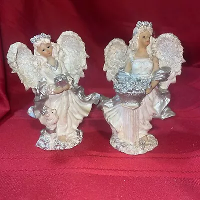 Vintage K’s Collection Angel Figurines Holding Floral Bouquet Glitter Silver • $24.40