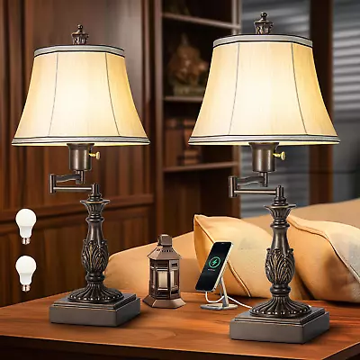 Rustic Traditional 350° Adjustable Swing Arm Table Lamp Set Of 2 With USB A+C Po • $137.88