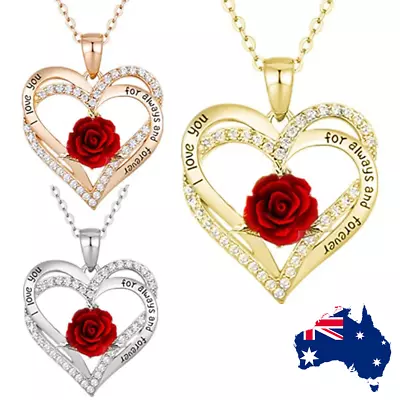 Red Rose Flower Pendant Chain Necklace I Love You Always Forever Gold Silver • $8.10