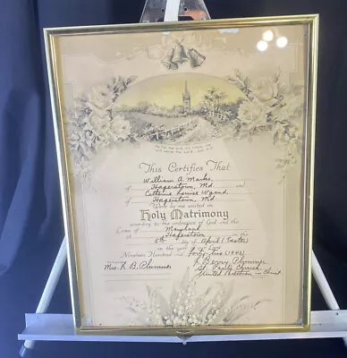 Marriage Wedding Certificate Easter 1942  Hagerstown MD  Metal Framed 14x11 • $21.74