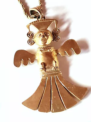 Vintage Larry Vrba Castlecliff Aztec Mayan Figure Goldtone Pendant  3.75  X 2  • $179