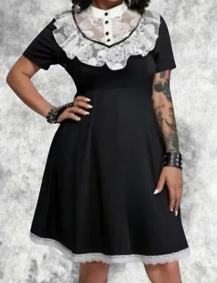 New Gothic Black & White Skull Lace High Collar Button Dress Size 5XL 26 28 30 • $30.82