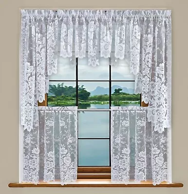 Grace Floral Lace Kitchen Curtain Tier Valance Swag Pair & Set White Cream/Ivory • $16.99