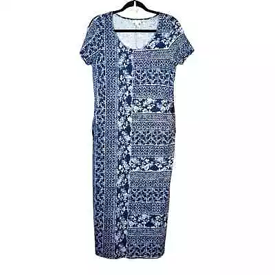 J Jill Blue Floral Aztec Cotton Modal Jersey Long Maxi Pockets Dress Size Small • $30