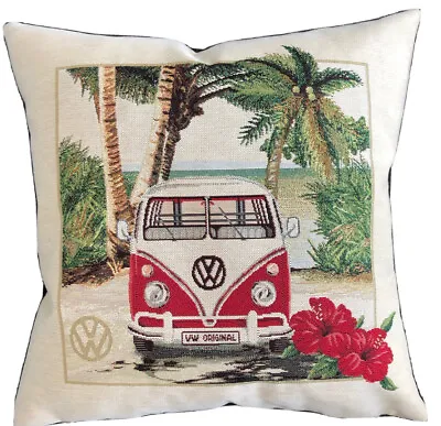Volkswagen Combi Van Camper Retro Woven Cushion Cover Beige Floral Palm Tree 22” • £24.99