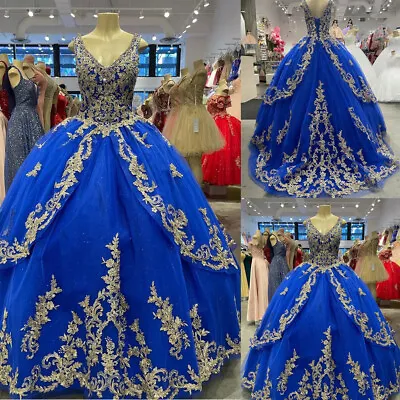 $150.29 • Buy Royal Blue Quinceanera Dresses V Neck Gold Lace Sweet 16 Pageant Prom Ball Gowns