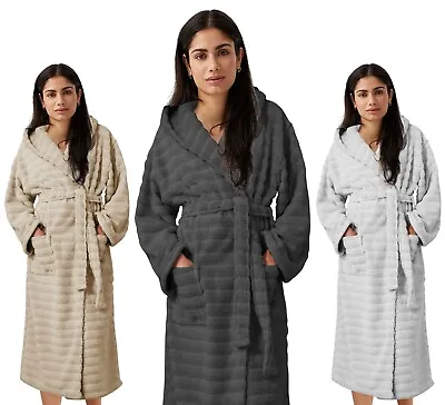 Ribbed Terry Towelling Bathrobe 100% Cotton Unisex Hooded Dressing Gown 2 Pocket • £19.95