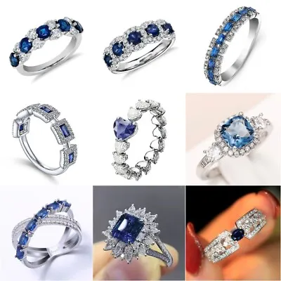 925 Silver Filled Ring Gorgeous Women Blue Cubic Zirconia Wedding Jewelry Gifts • £4.32