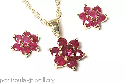 9ct Gold Ruby Cluster Pendant And Earring Set Made In UK Gift Boxed • £120.99