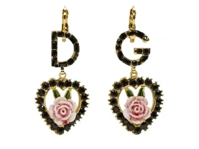 DOLCE & GABBANA Black Pink Rose DG Logo Crystal Dangle Drop Earrings Jewelry Box • £395