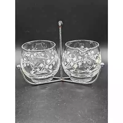 Vintage Libbey Lilly Of The Valley Clear Glass Cream And Sugar With Metal Caddy • $20.99