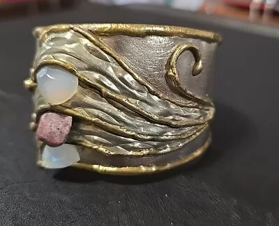 Vtg Boho Brass Moonstone Crystal Artisan Wide Bracelet • $45