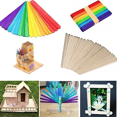 Natural/Coloured Lolly Wooden Sticks Ice Popsicle For Kids Art & Crafts Model • £2.39