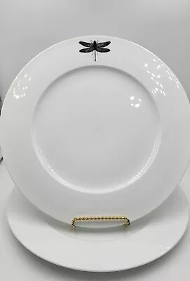 Set Of 2 Home To Kitchen H2K Black & White Dragonfly Botanical Dinner Plates • $19.95