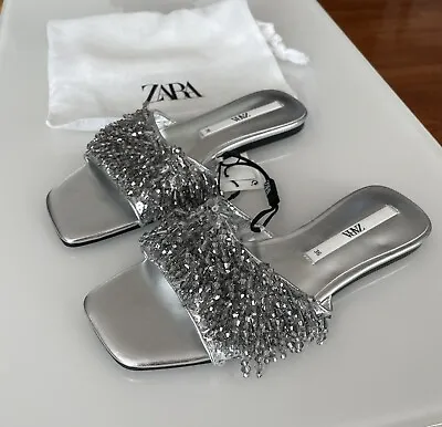 Nwt Zara Shimmer Beaded Sandals Silver Size 36eu/6us Very Rare Bloggers Favorite • $43