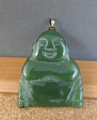 Vintage Yellow Gold Filled Green Jade Carved Happy Buddha Figural Pendant #765 • $79.95