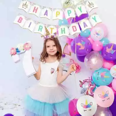 Unicorn Girls Pink Party Supplies Happy Birthday Banner Balloons Kid Decorations • £2.99