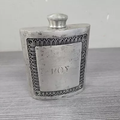 VINTAGE Selwin Pewter Flask  4 3/8 H Screw On Cap Inscribed   ROY  Old Beat Up • $9.89