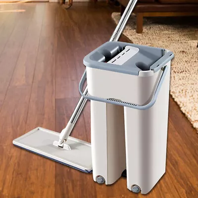 Flat Floor Mop And Wringer Bucket Set W/Washable Pads Self Clean Squeeze Mop • $21.99