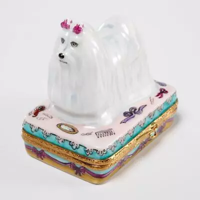 Peint Main Limoges Havanese Lhasa Apso York Shaggy Long Hair Dog Trinket Box B • $39.99