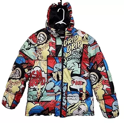 Reason Shiny Puffer Coat Graphic  Mens 3XL Colorful Hooded Graffiti Money • $46.99