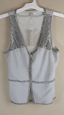 MONORENO Womens M Gray Bea3³ Ds & Sequins Linen Rayon Blend  Back Cinch Top/Vest • $14.25