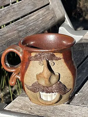 Pottery Face Coffee Tea Mustache Mug Signed  • $11.80