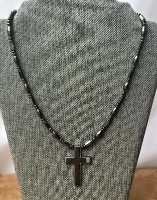 Men's Women's Magnetic Hematite Black Necklace With XL 2  Hematite Cross • $40.99